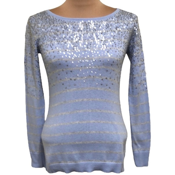 Elle Sweater Size XS Pastel Blue Gray Striped Sequin Pullover - Picture 1 of 9
